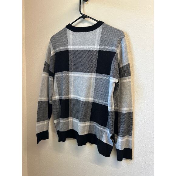SAKS Fifth Avenue Black Gray Plaid Crew Neck High Low Box Sweater Size Medium - Picture 7 of 9